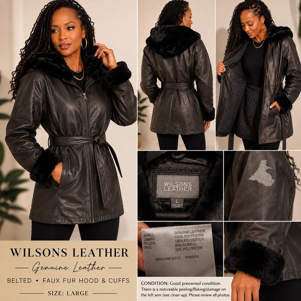Wilsons Leather Black Genuine Leather Faux Fur Hooded Coat L Vintage Y2K